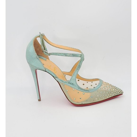 Christian Louboutin Pumps Strass Twistissima 85 Teal Blue Crystal Mesh Heels 38 - Picture 2 of 8